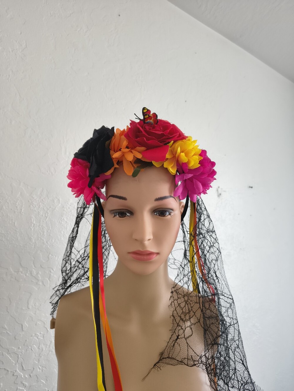 Dia de los Muertos Floral Crown Headband Black Lace Veil Catrina Costume